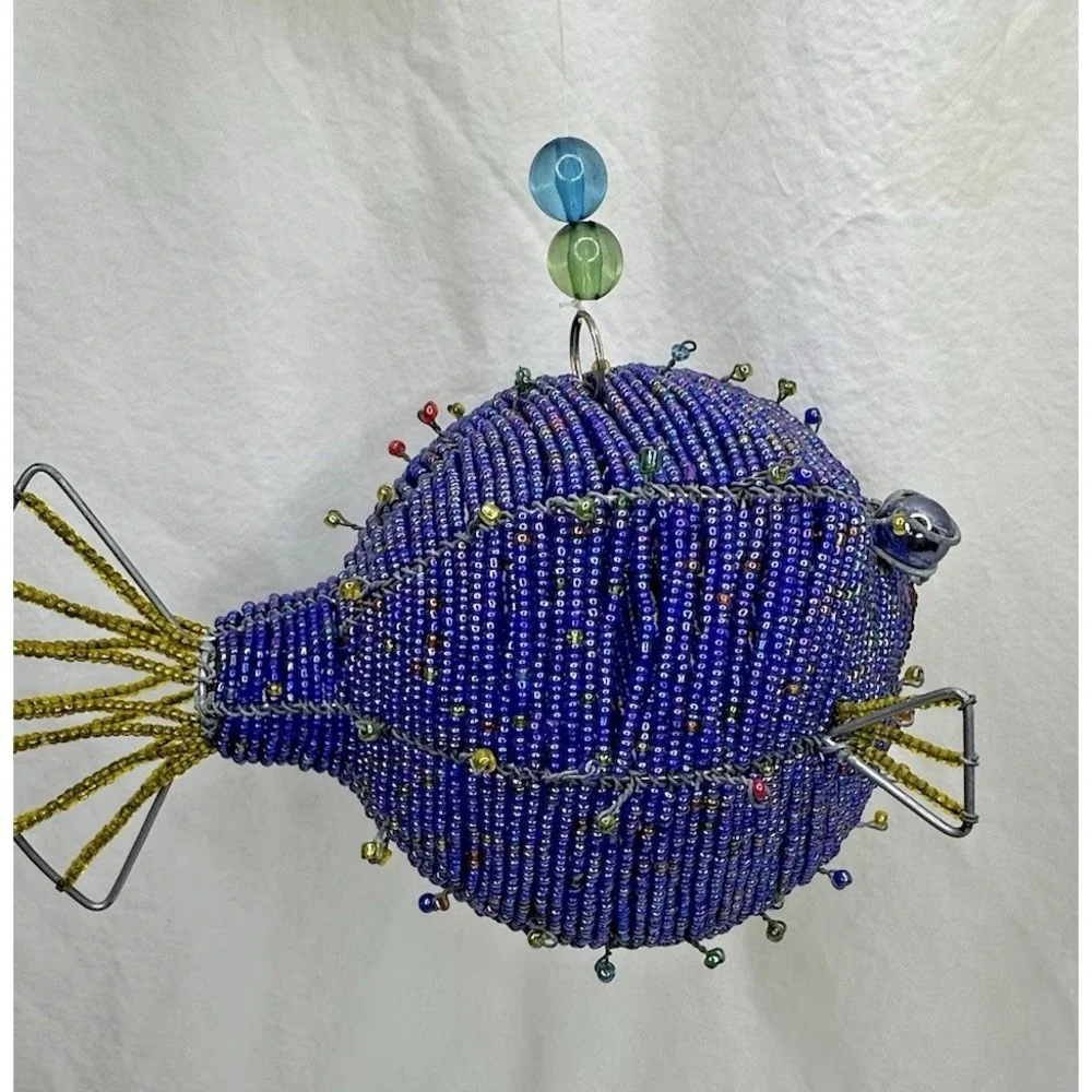Puffer Fish Glass Beaded Hanging Decor 3D Round Blue Seed Beads Metal Sealife